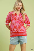 Tropical Print Puff Sleeve Blouse