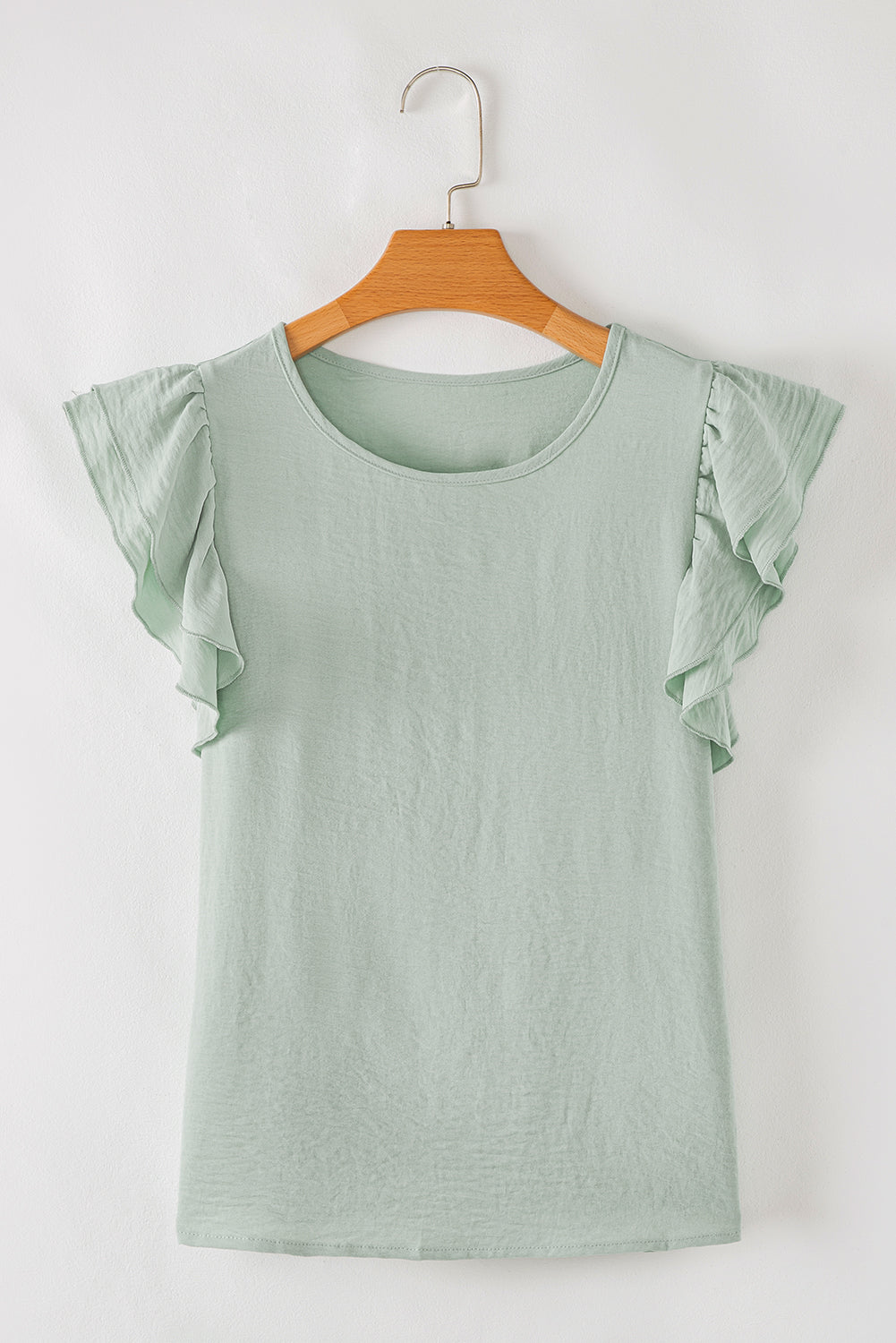 Mist Blue Solid Color Ruffle Sleeve Crinkled Blouse