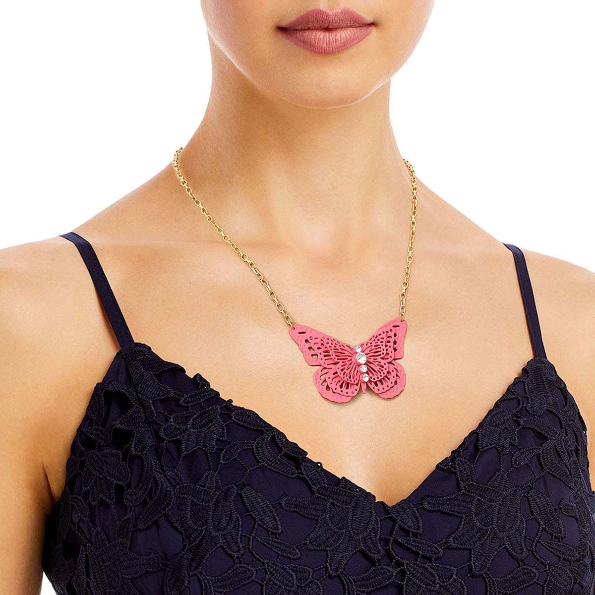 Pendant Necklace Pink 3D Butterfly Stylish Statement Jewelry Accessory