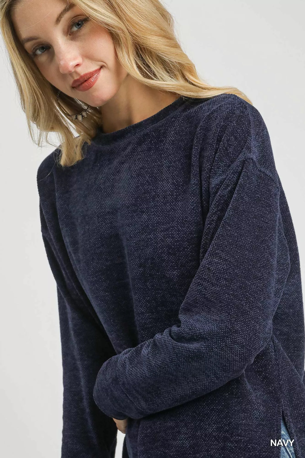 Round Neck Long Sleeve Side Slit Top