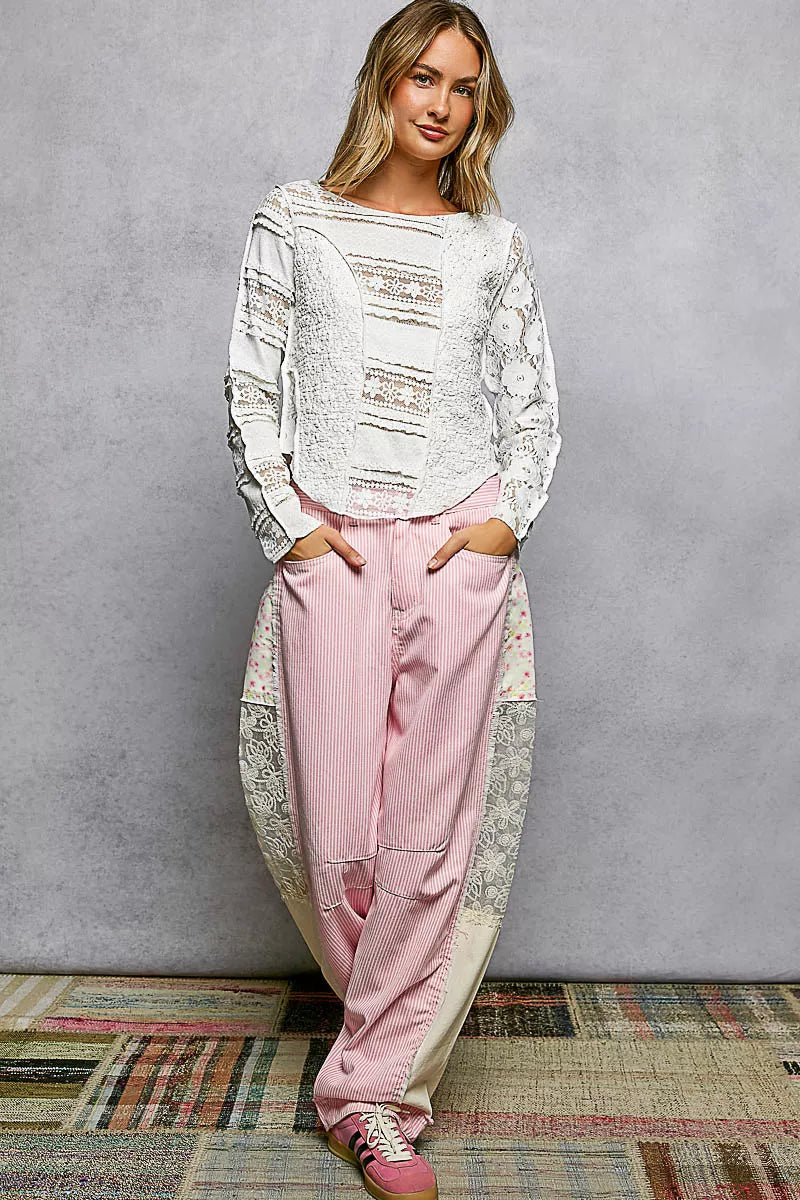 Round Neck Long Sleeve Exposed Seam Top with Lace Detail