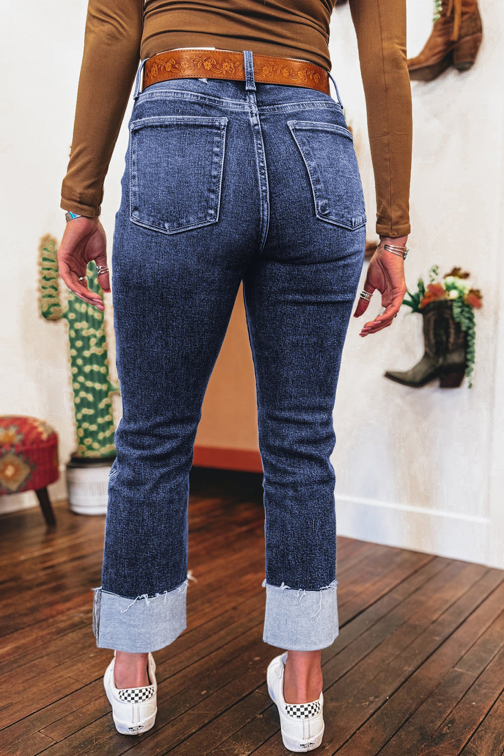 Real Teal Folded Cuffs Distressed Straight High Waist Jeans