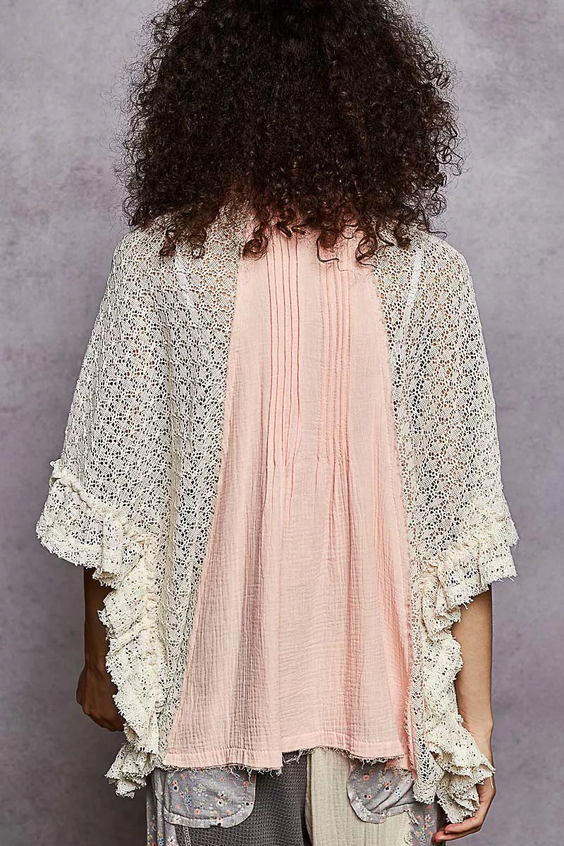 Button Down Front Pleated Shirt with Crochet Patch
