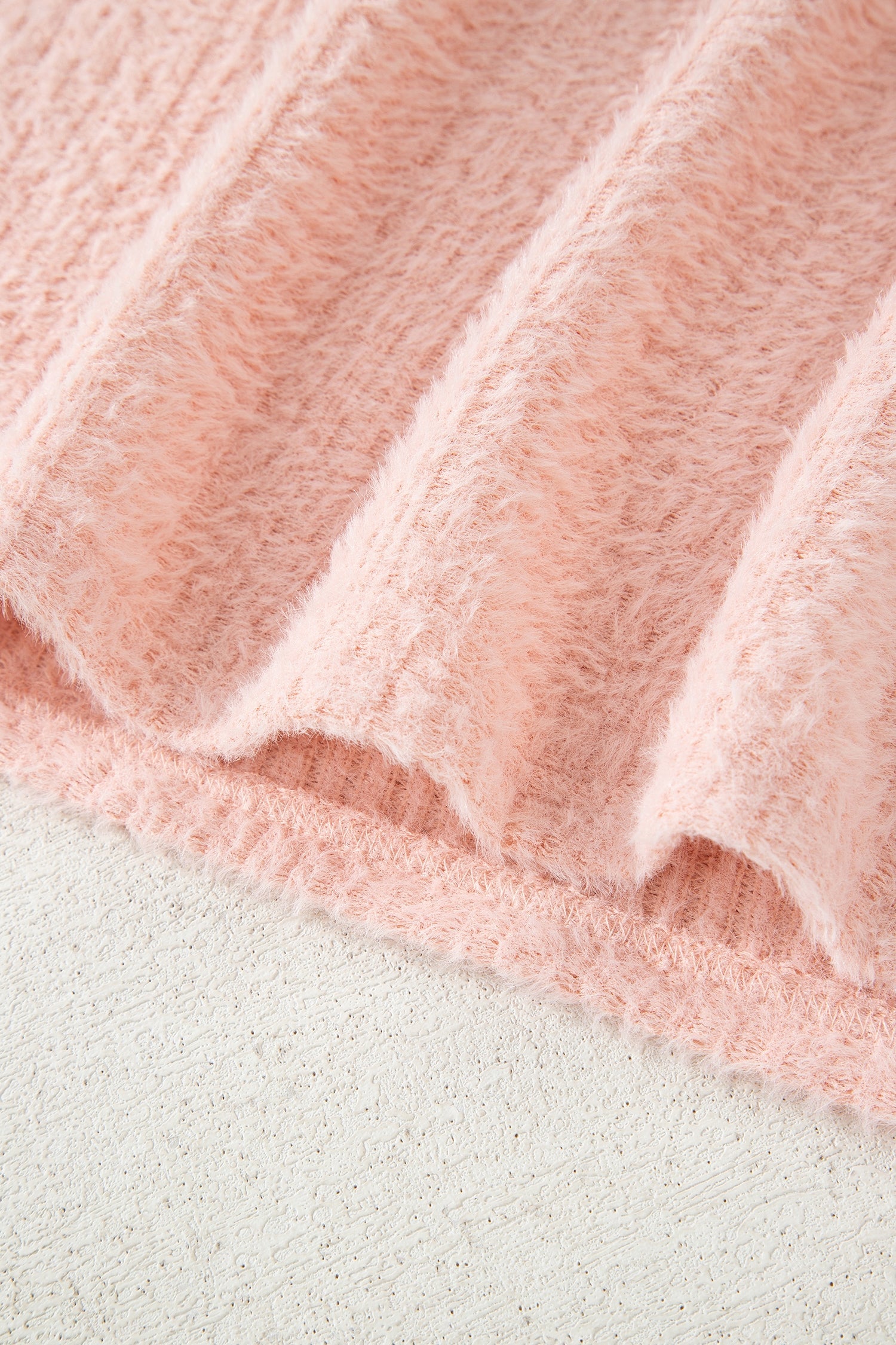 Light Pink Fuzzy Ribbed Texture Round Neck Long Sleeve Top