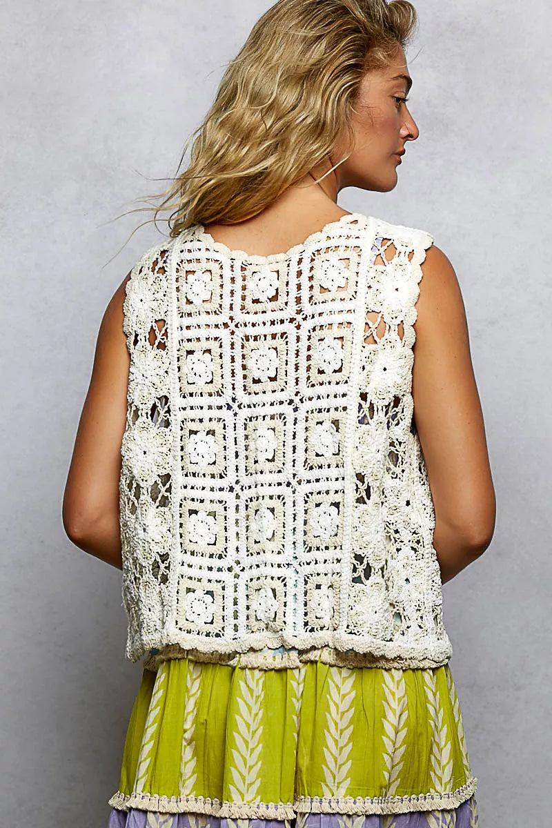 Tie Front Floral Pattern Crochet Vest with Scalloped Edge