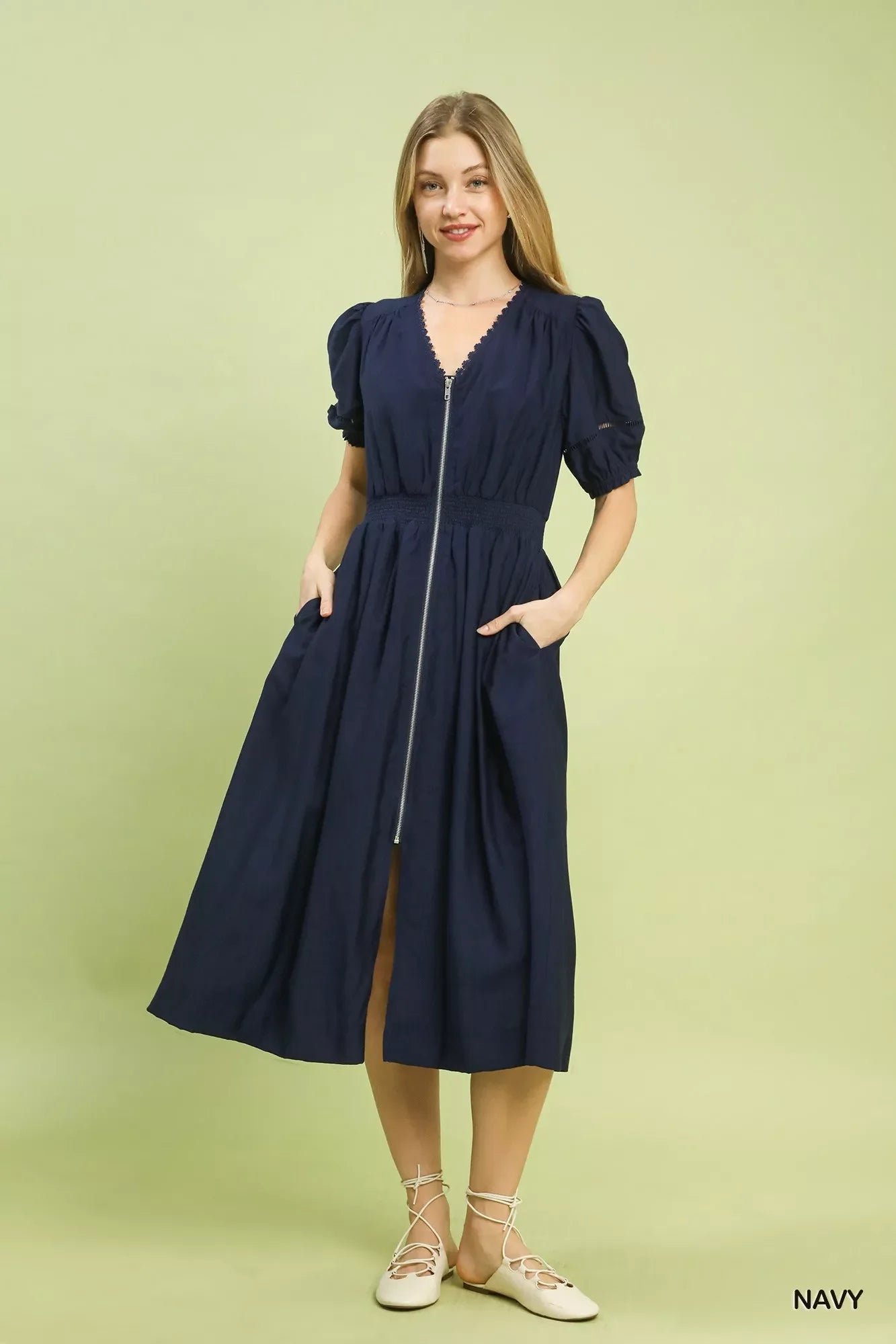 Zip-Front Smocked Waist Midi Dress