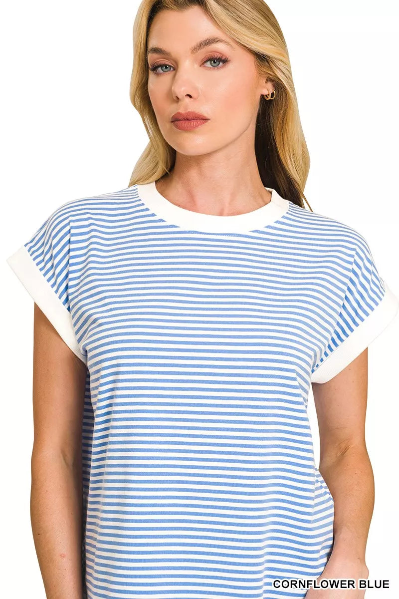 Striped Round Neck Short Sleeve Contrast Trim T-Shirt