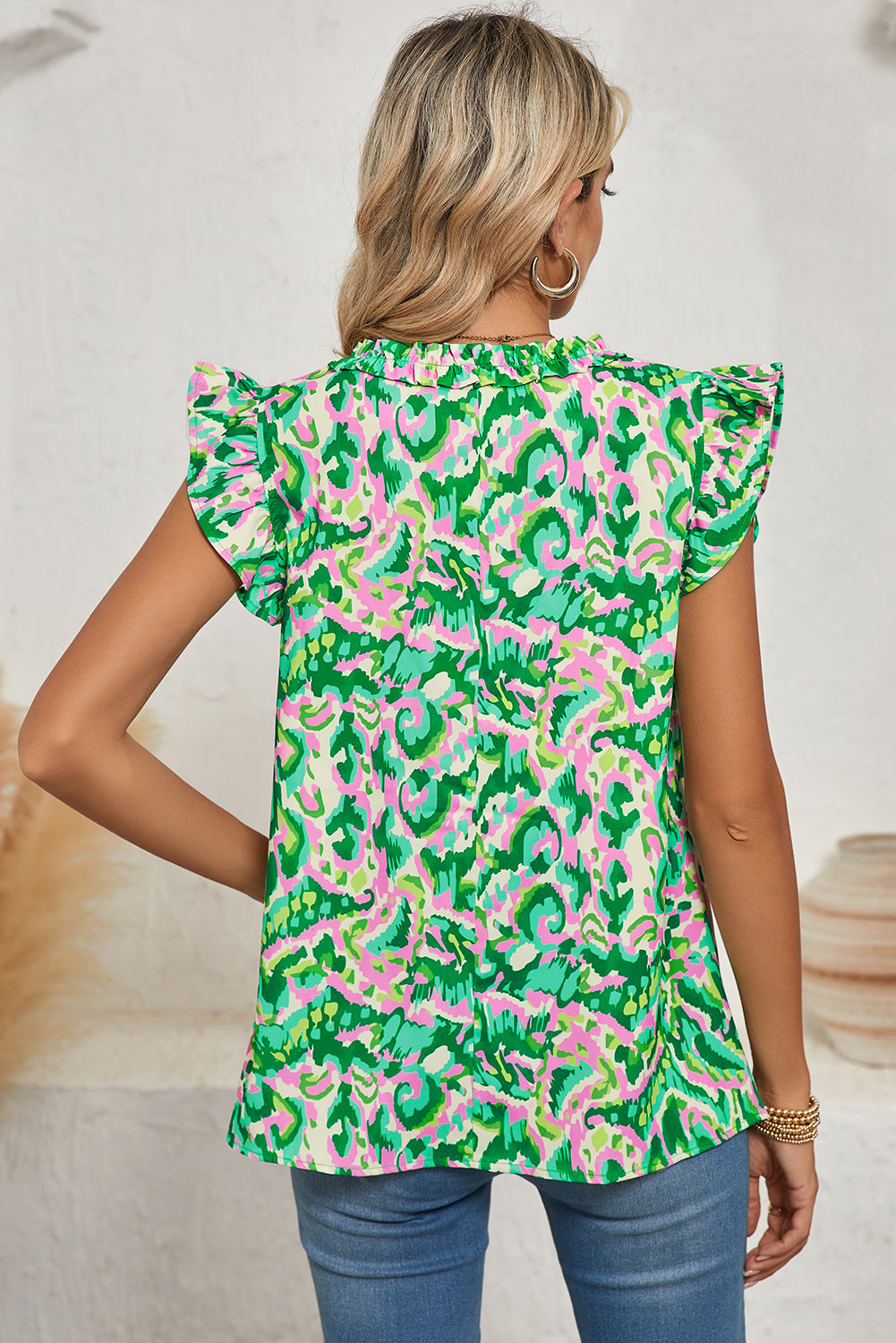Green Abstract Print Frill Split Neck Ruffle Sleeveless Top