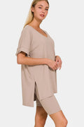 Full Size V-Neck Short Sleeve Slit T-Shirt and Shorts Set