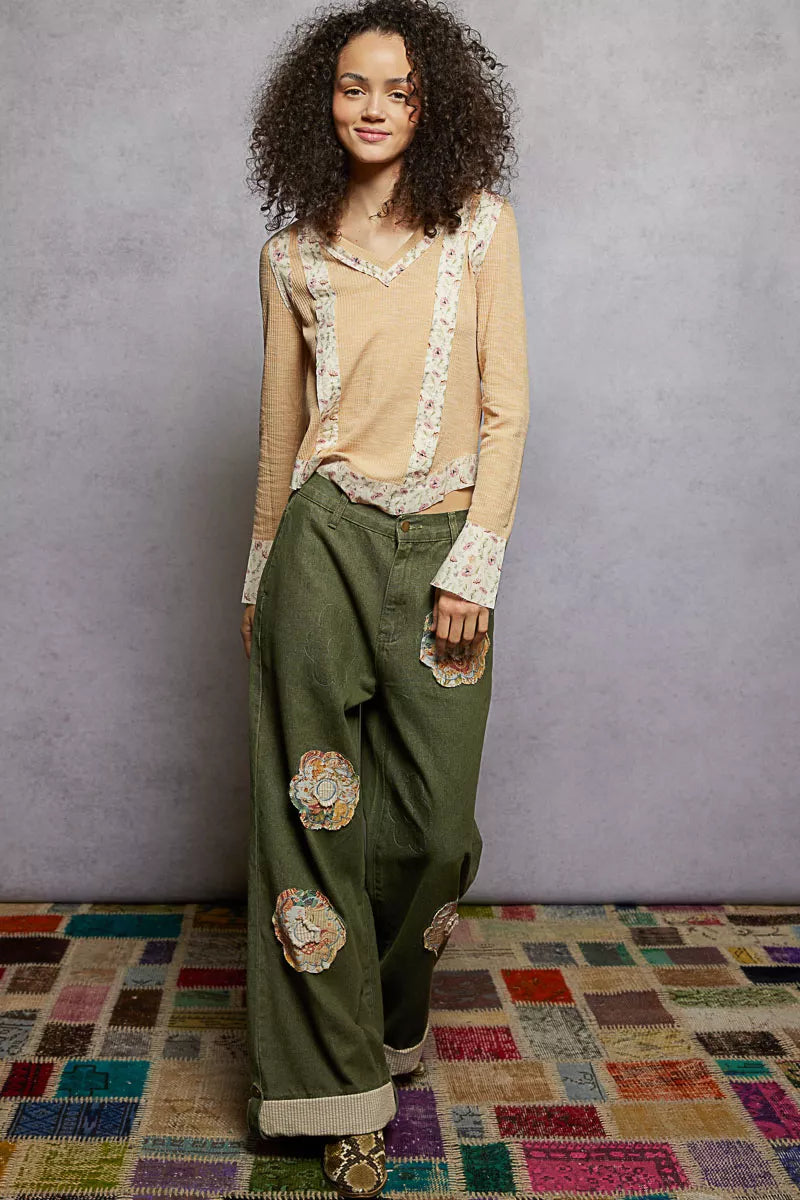 Floral Patch V-Neck Long Sleeve Ribbed Top