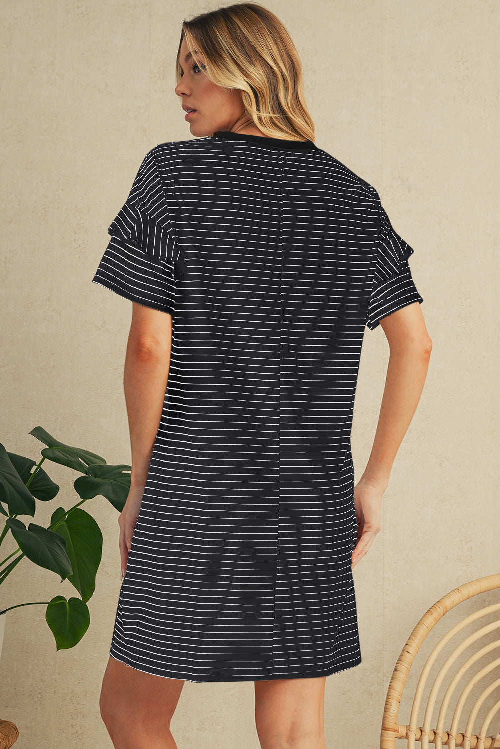 White Stripe Ruffle Short Sleeve T Shirt Mini Dress