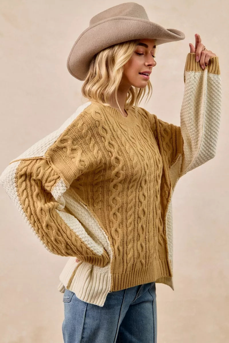 Cable Knit With Hacci Combo Sweater With Uneven Hem Detail