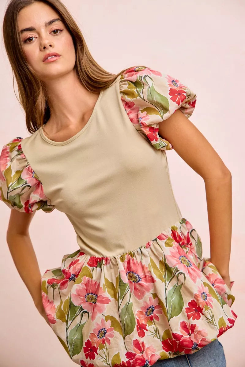 Floral Printed Bubble Sleeves and Hem Peplum Top