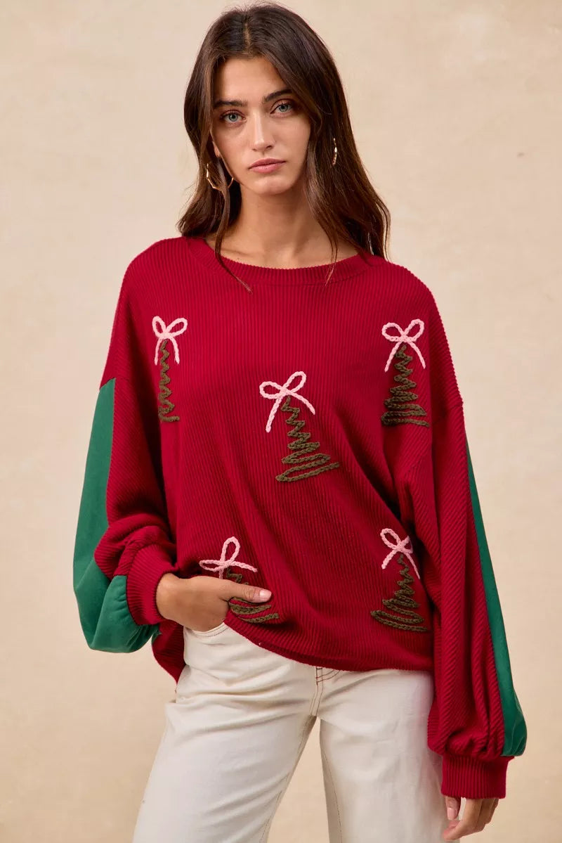 Christmas Theme Tree Embroidered Sweater