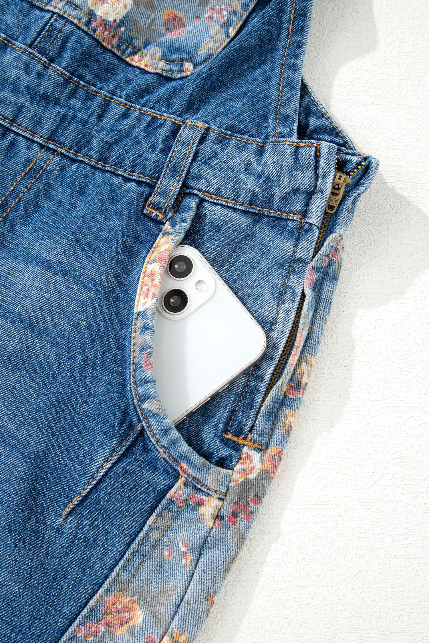 Peacock Blue Floral Patchwork Bib Denim Wide Leg Overalls