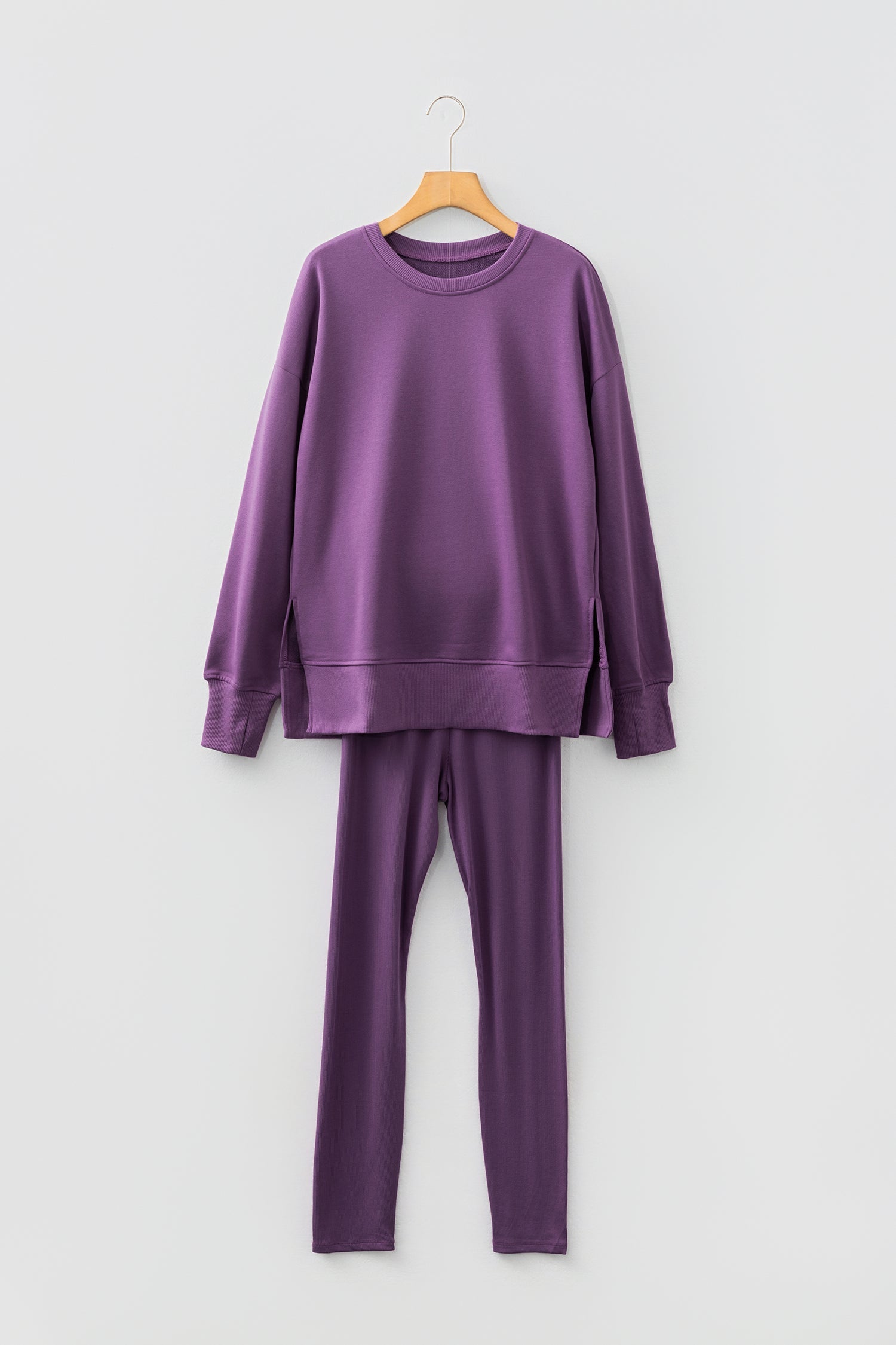 Orchid Mist Solid Color Oversize Slit Sweatshirt Ribbed Leggings 2pcs Set