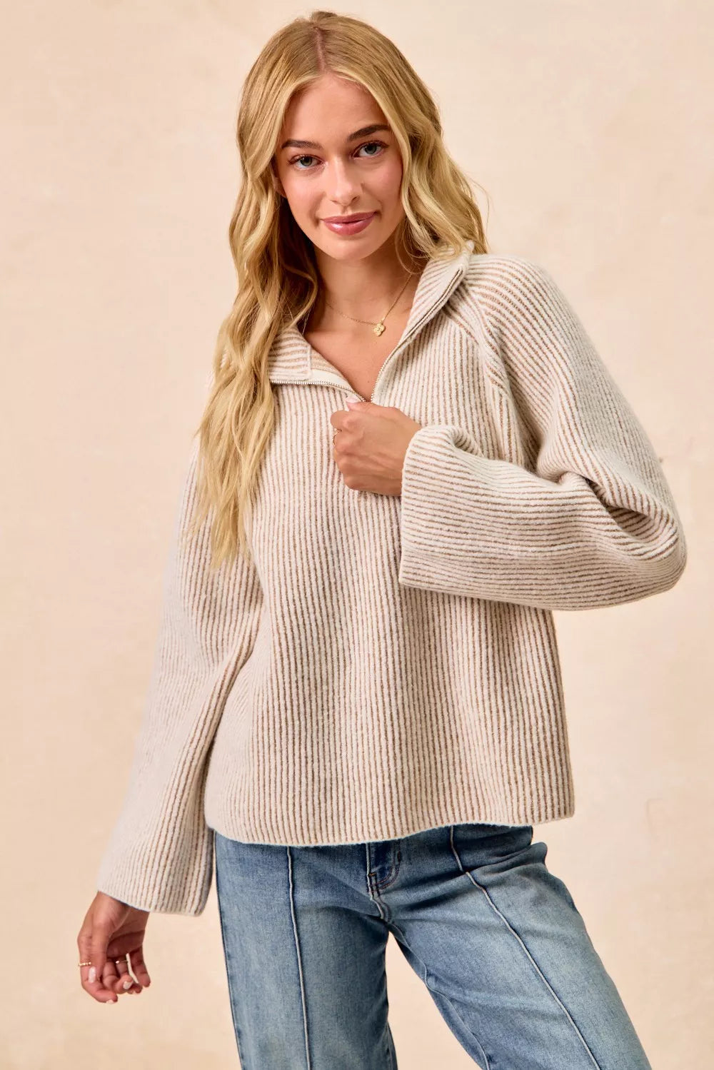 Two Tone Rib Texured Knit Collared Top with Zip Up