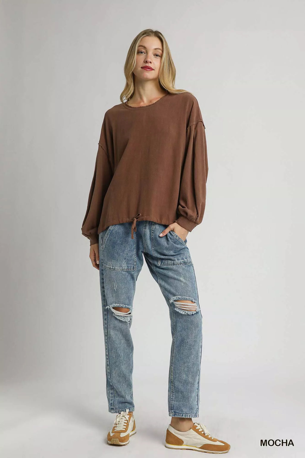 Linen Long Sleeve Top with Drawstring