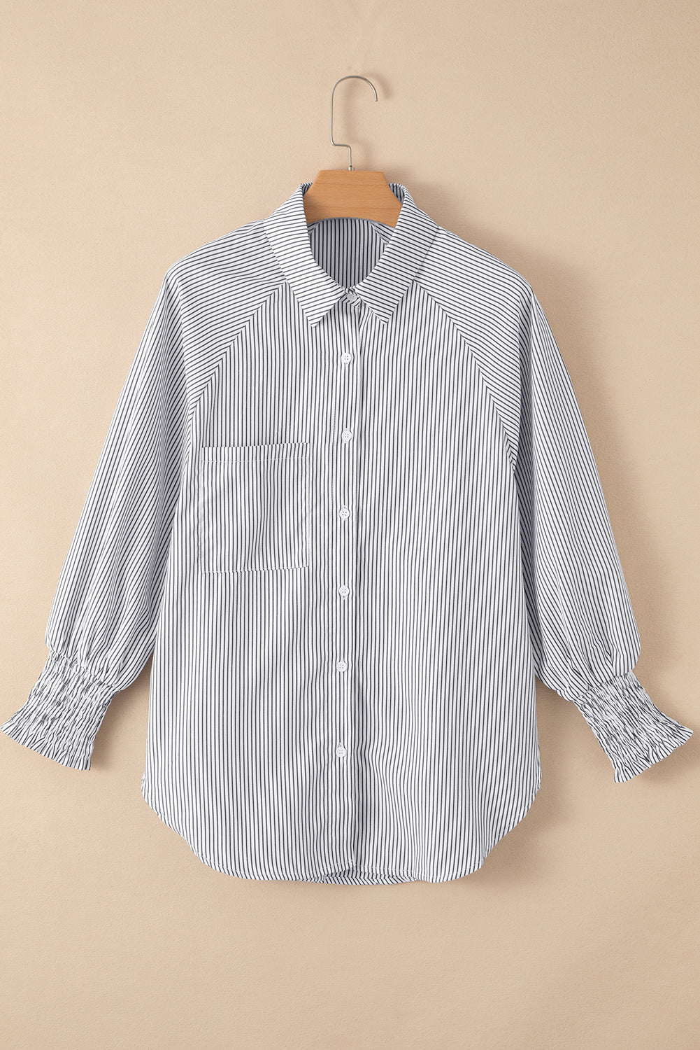 Black Striped Casual Shirred Cuffs Shirt