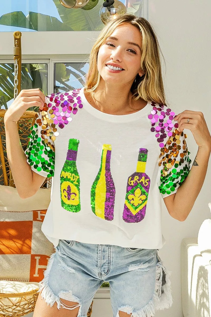 Sequin Mardi Gras Bottles Spangled Sleeve Top