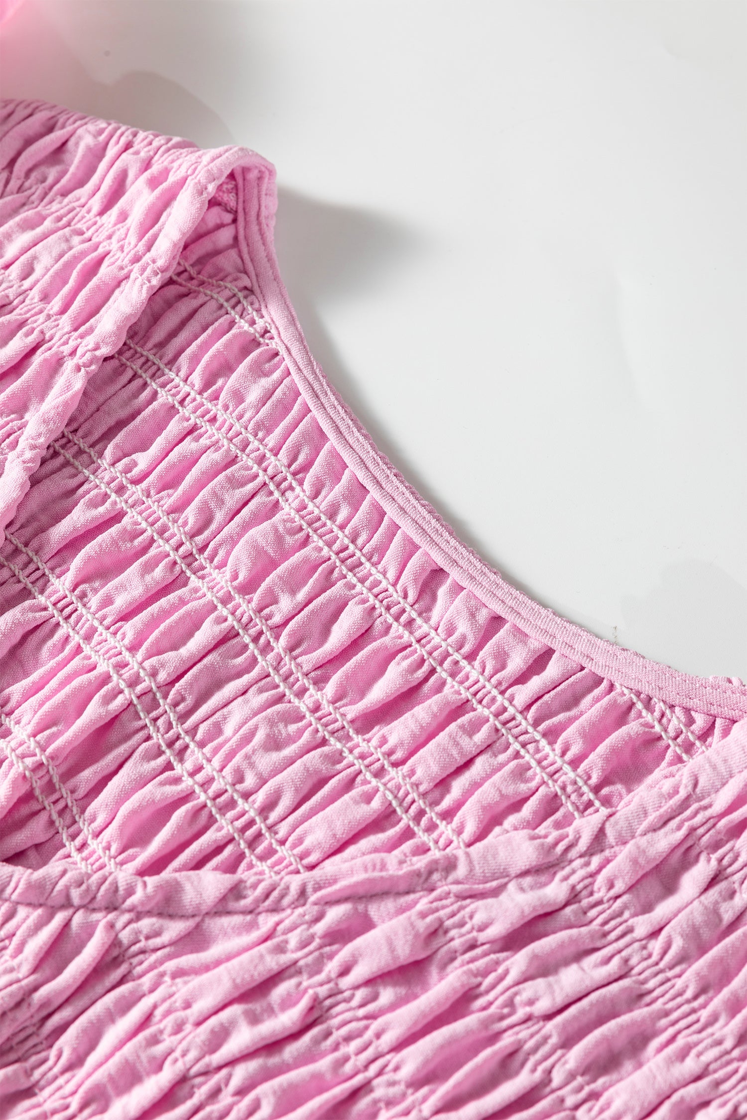 Pink Smocked Bodice Flutter Sleeve Fit Flare Tiered Midi Dress
