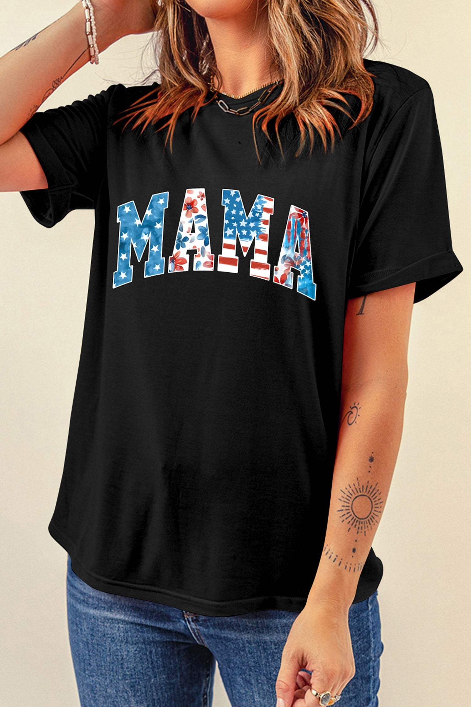 Black MAMA Patriotic Floral Flag Inspired Graphic Tee