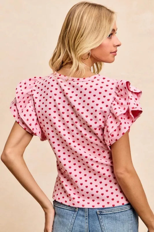 Heart Patterned Knit Ruffled Sleeves Top