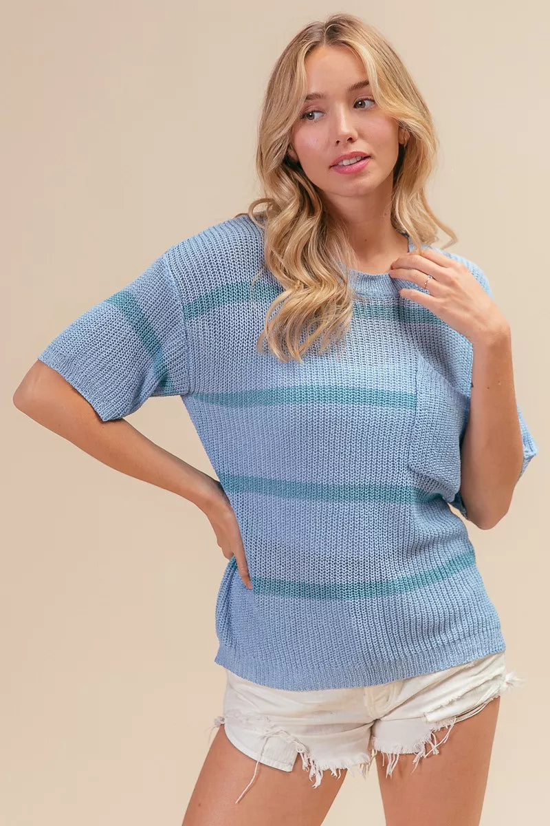 Patch Pocket Striped Lightweight Sweater Top