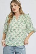 Ruffled Bow Print Notched Blouse