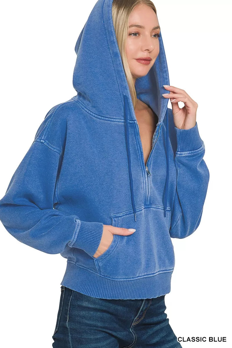 Fleece Pigment Dye Half Zip Kangaroo Pocket Hoodie
