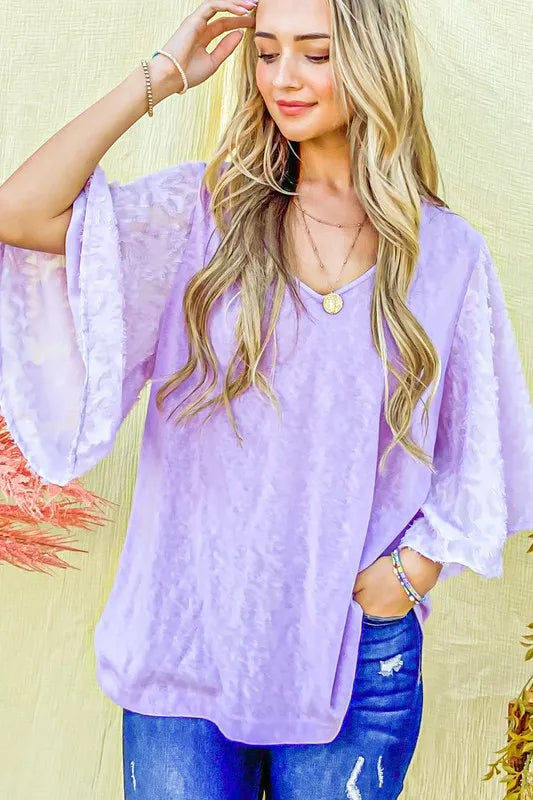 Feather Detailed 3/4 Sleeve Slub Top