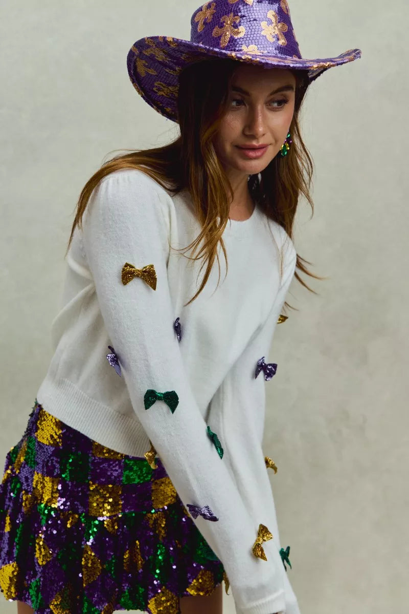 Mardi Gras Glitter Bow Ribbon Sweater Knit Top