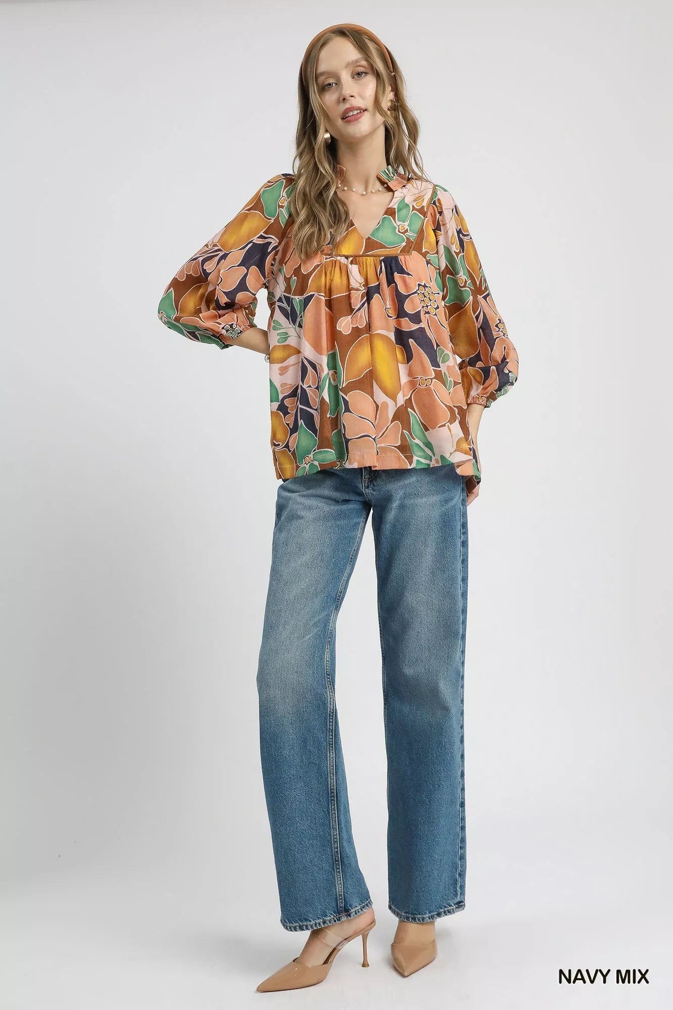 Multicolor Abstract Floral Print Blouse with Ruffle Neck
