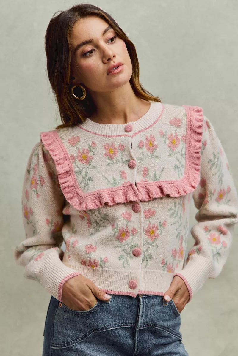 Flower With Ruffle Detailing Sweater Cardigan