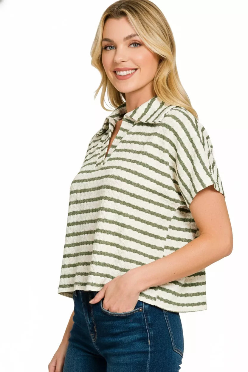 Striped Split Neck Collared Top