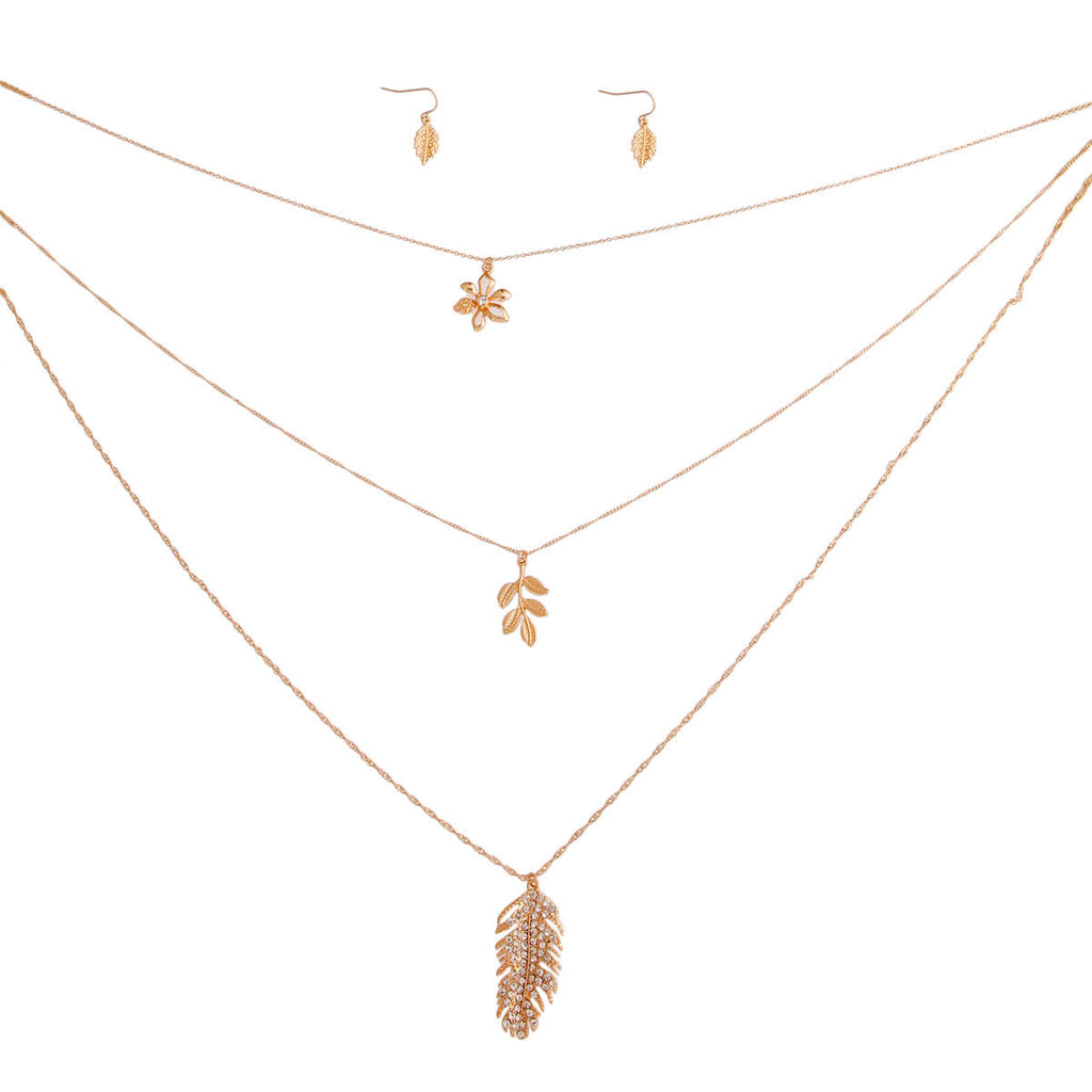 Layered Gold Leaf Necklace 3-Layer Stylish Statement Jewelry