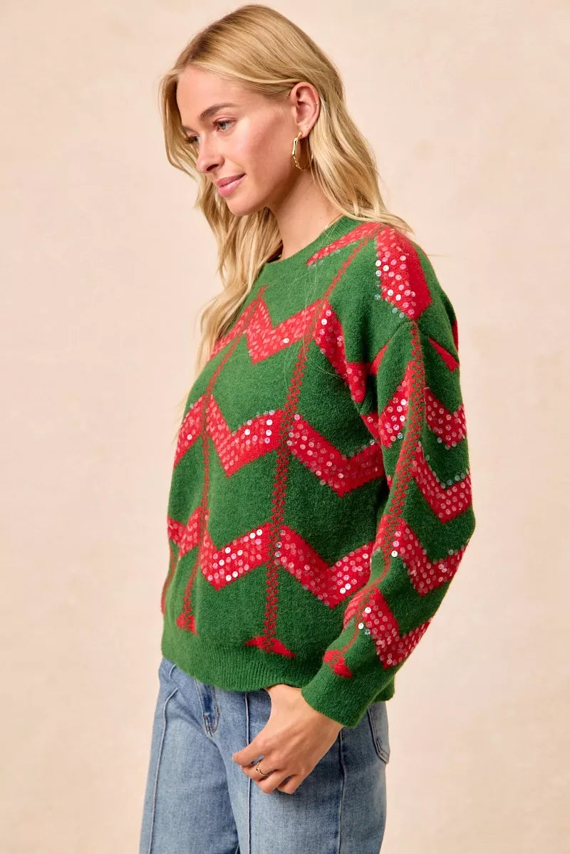 Christmas Theme Chevron Sequins Detail Sweater