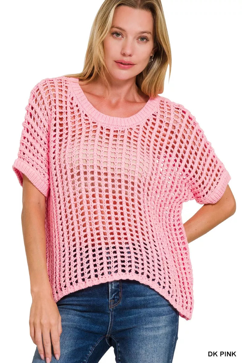Fish Net Short Sleeve Crochet Knit Cover Up
