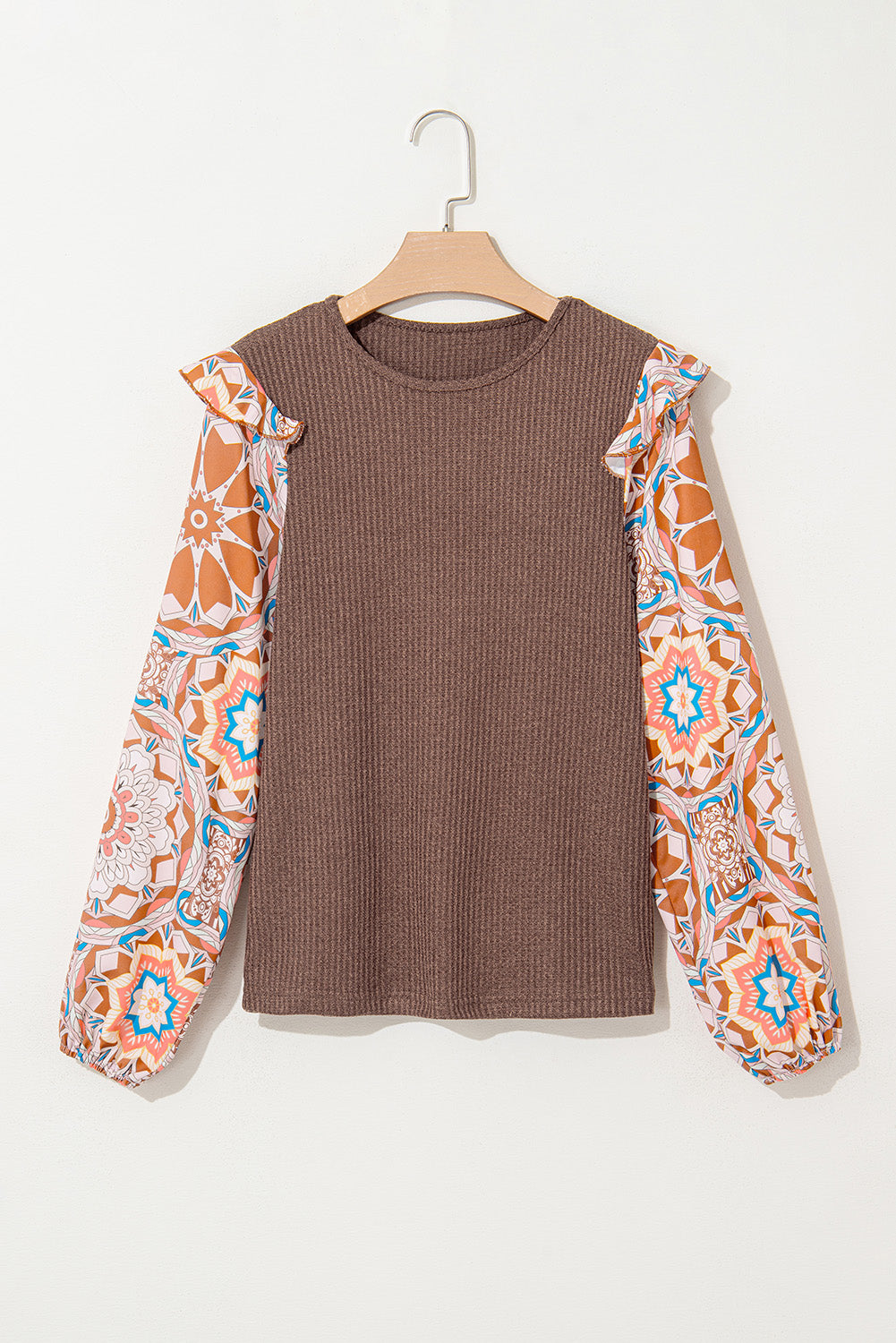 Ruffle Floral Sleeve Patchwork Waffle Top