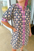 Blue Striped Trim Short Sleeve Vintage Floral Shift Dress