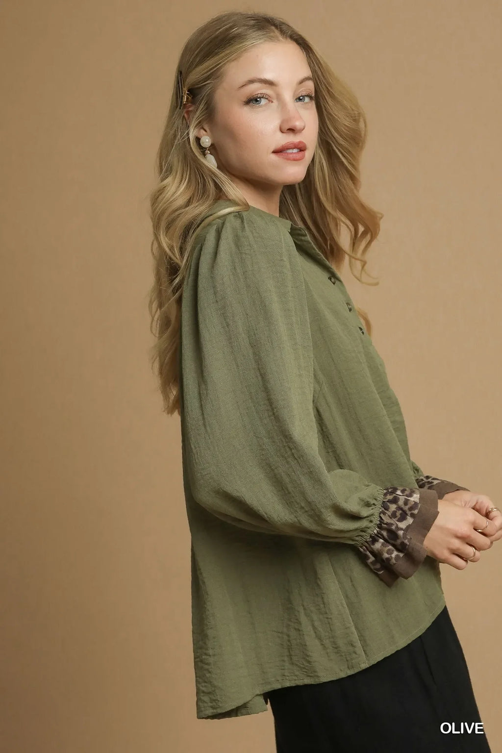 Half Button Blouse with Leopard Print Trim