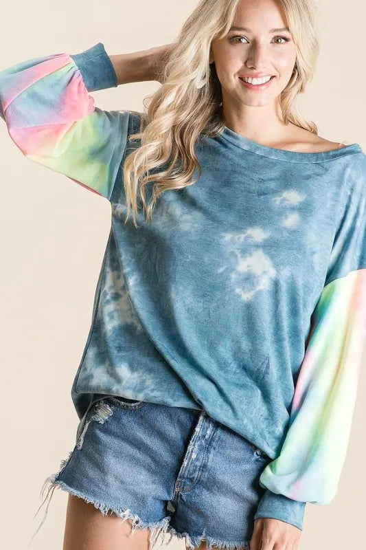 Tie Dye French Terry Top With Contrast Tie Dye