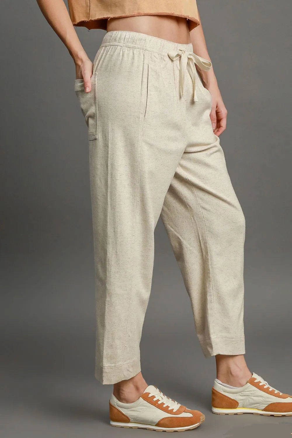 Full Size Drawstring Elastic Waistband Linen Blend Pants Plus Size