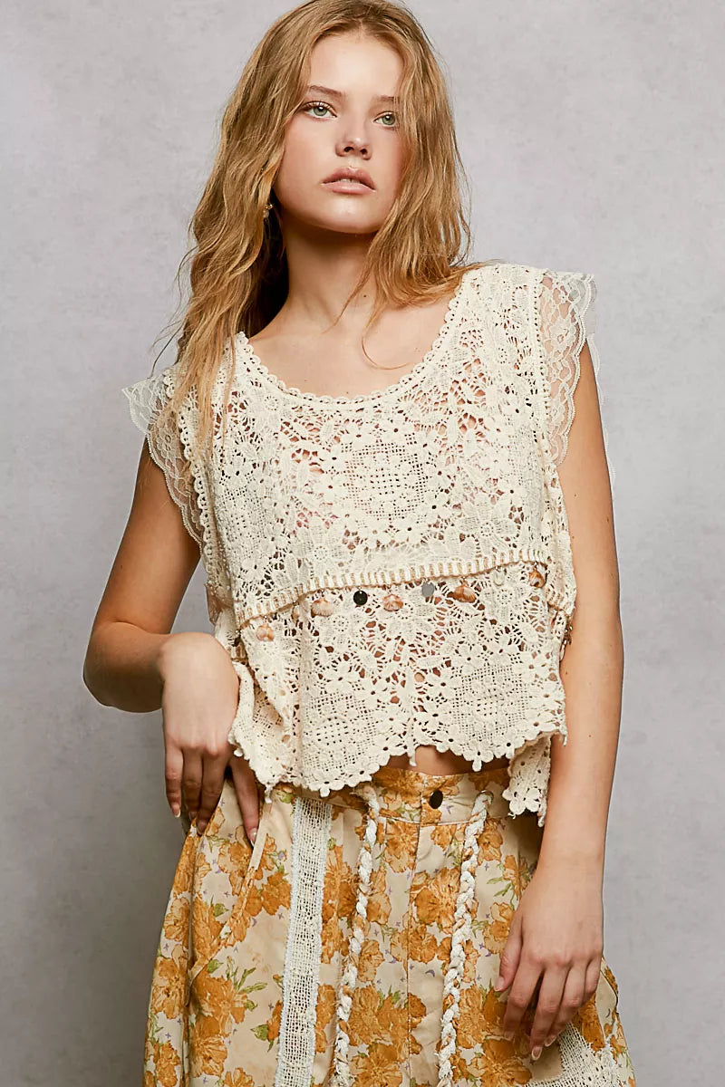 Lace Trim Openwork V-Neck Crochet Tank with Scalloped Edge