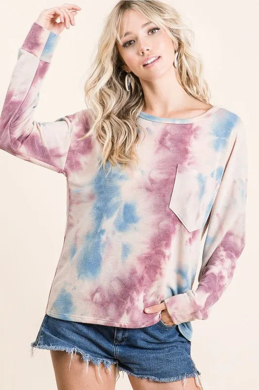 Tie Dye Print Terry Top With Front Patch Pocket
