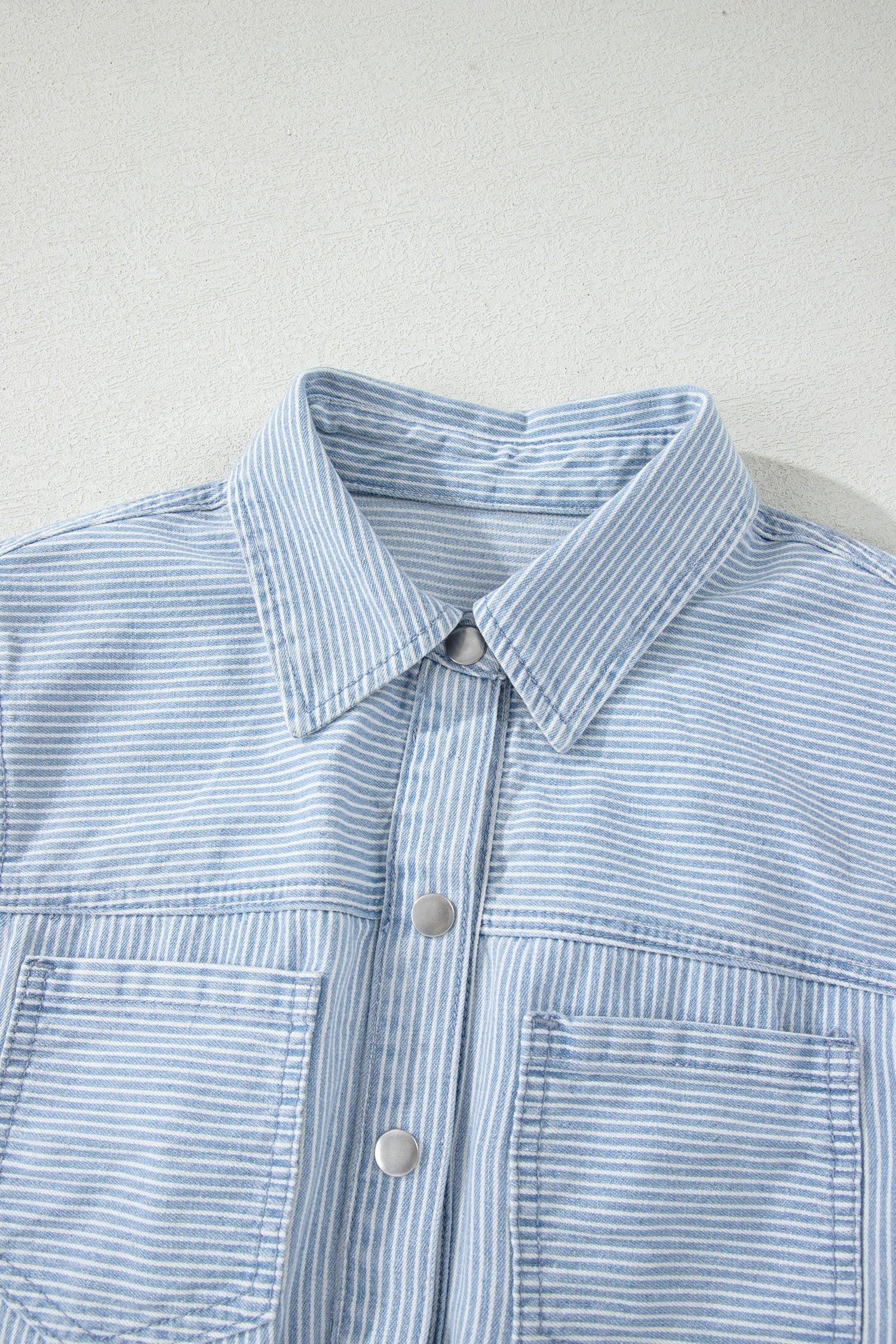 Sky Blue Stripe Collared Button Front Sleeveless Denim Mini Dress
