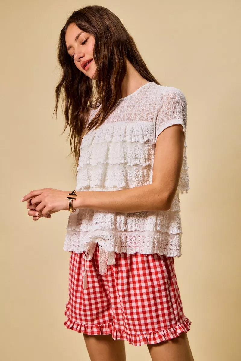 Ruffle Tiered Stretch Lace Short Sleeves Knit Top