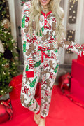 White Christmas Pattern Button V Neck Pullover Drawstring Pants 2pcs Lounge Set
