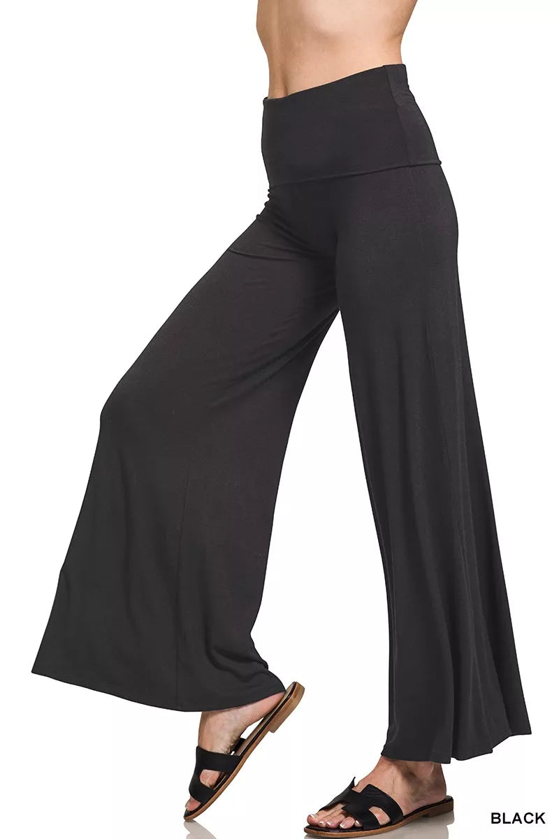 Full Size Fold Over Waist Comfy Wide Leg Pants Plus Size