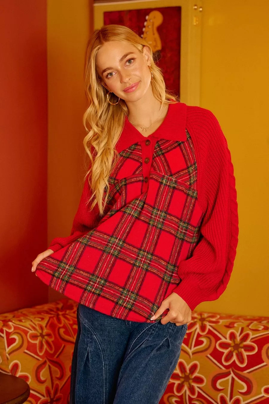 Plaid Buttoned Collared Top with Sweater Sleeve
